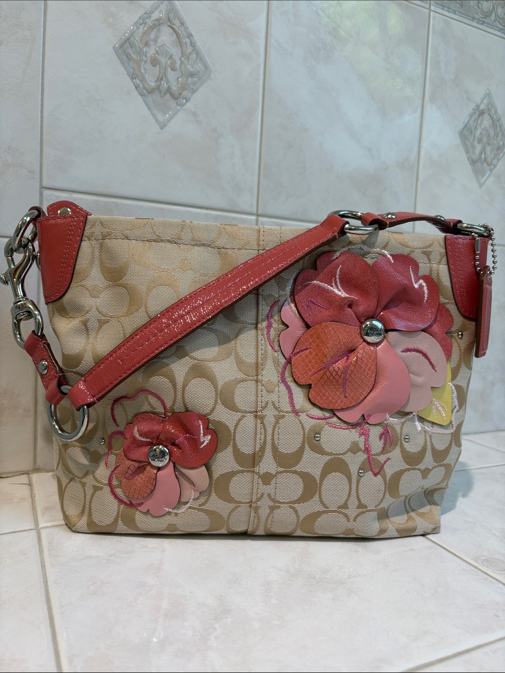 Coach Vintage Signature C Monogram Floral Appliqué Shoulder Bag in Beige & Pink